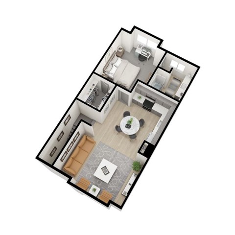 A floor plan of a house with a living room, kitchen, and two bedrooms.